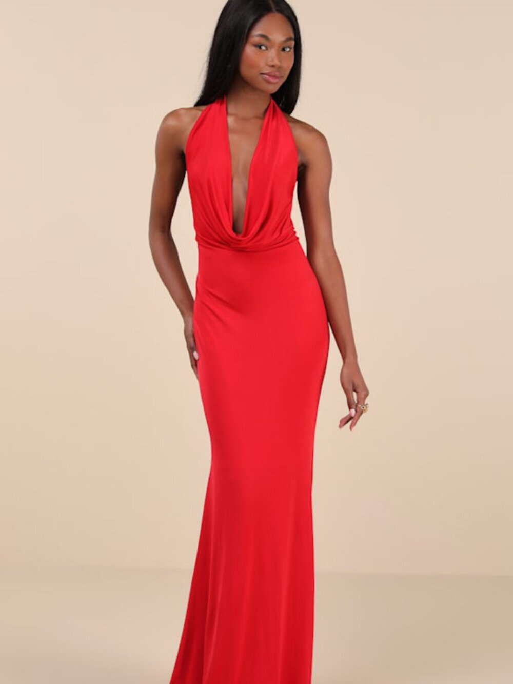 Lulus Eye-catching Silhouette Red Cowl Neck Halter Maxi Dress - Size L